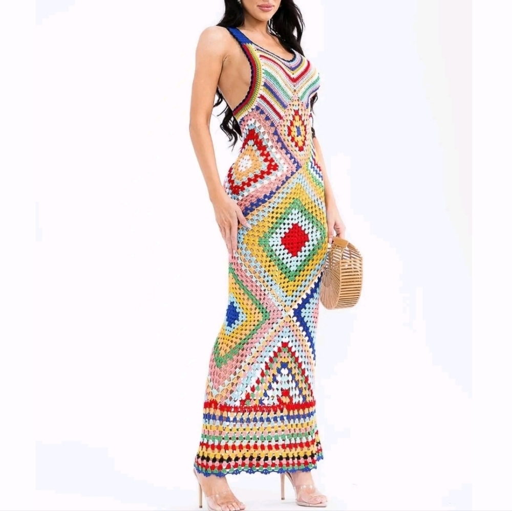 Akira Sleeveless Multi Print Knitted Crochet Bodycon Maxi Dress